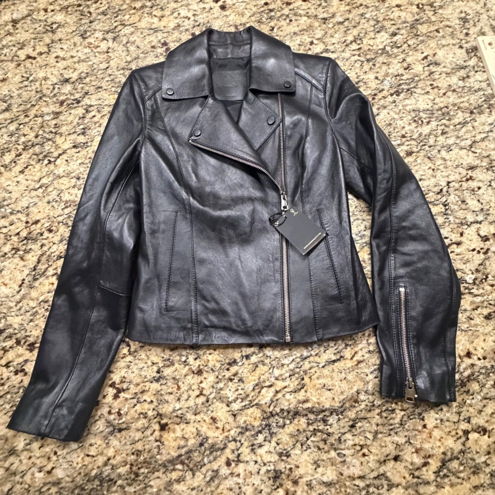 NEW Massimo Dutti Womens Black Leather Biker Moto Jacket XS ws
